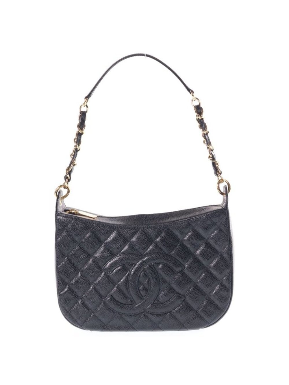 Chanel Quilted Chain Shoulder Bag CC Logo Gold Caviar Leather Black